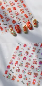 Detailed view of TS-3927 3D embossed snake nail stickers with festive Chinese motifs