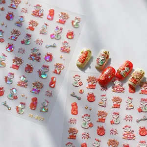 3D Embossed Nail Stickers Chinese New Year Snake Zodiac Fortune Bag Decals Red Gold Spring Festival Manicure Decoration