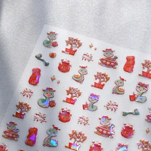 Laser holographic Chinese New Year nail art stickers featuring cute snake and lucky icons