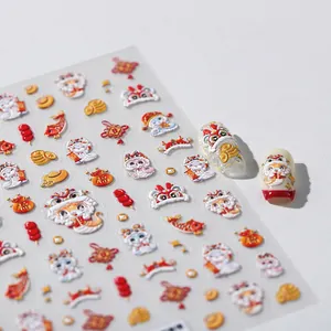 3D embossed Chinese New Year nail stickers with cartoon snake and lion motifs