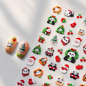 Detailed 3D embossed Christmas panda nail stickers featuring matte finish texture