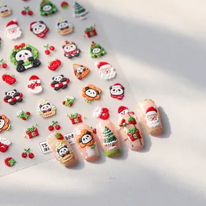3D embossed Christmas nail stickers featuring cute pandas, Santa Claus, and trees