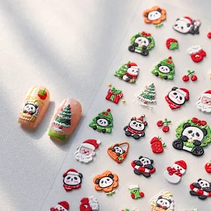 3D embossed Christmas panda nail stickers with matte relief patterns and festive decals