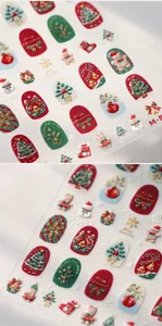Detailed macro of 5D embossed Christmas nail stickers with festive red and green tree patterns