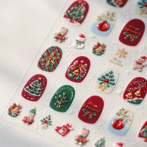 Christmas 3D Embossed Nail Art Stickers Red Green Gold Festive Tree Gingerbread Man 5D Relief DIY Nail Decals For Women