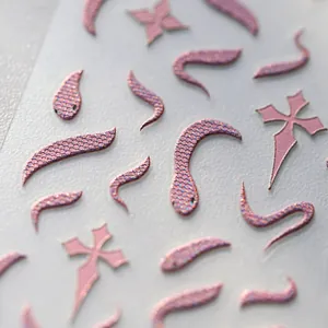 Pink glitter snake and cross embossed nail stickers with matte gold foil finish