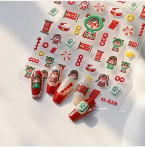 Macro detail of M858 5D embossed Chinese New Year nail stickers with lucky motifs