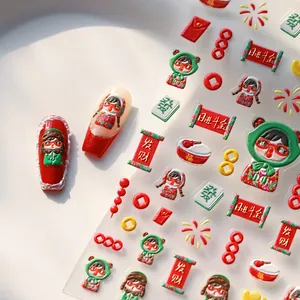 3D embossed Chinese New Year nail stickers featuring cartoon girls and lucky symbols