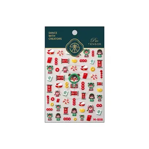 Chinese New Year nail stickers set with cute cartoons fireworks and gold sycee patterns