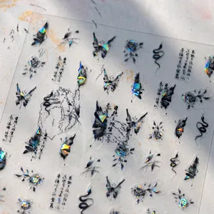 Gothic laser nail art stickers featuring butterfly, rose, and snake patterns on clear base