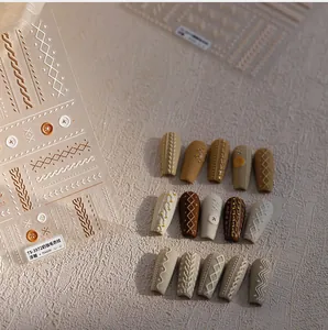 Detail of 5D embossed knit texture nail stickers with coffee sweater weave patterns