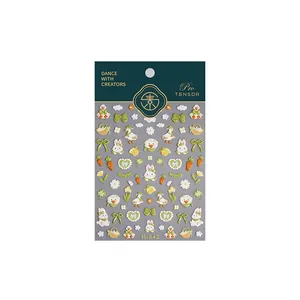 Schattige konijn nagelstickers met gouden stempels en reliëf 3D bloemmotieven