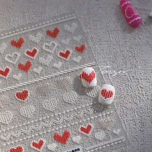 Stickers ongles 3D avec motifs de cœur et tricot à texture de pull réaliste