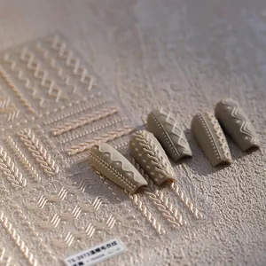 5D embossed sweater texture nail stickers in beige and cream for autumn winter art
