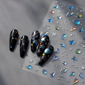 Holographic galaxy nail stickers with 3D starry planets and lightning laser effect