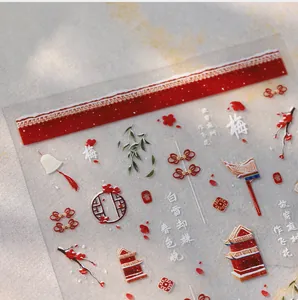 Detail of 3D embossed nail stickers with red plum blossoms and ancient Chinese architecture