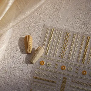 3D embossed cable knit nail stickers in vintage camel and beige for autumn winter nails