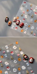 Close-up of M-839 Christmas nail stickers featuring snowman, reindeer, and snowflakes