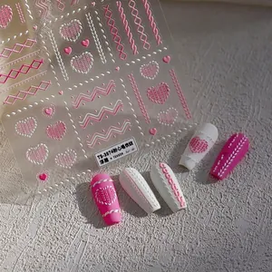 Autocollants nail art 3D à motif de cœur rose effet tricoté avec texture en relief
