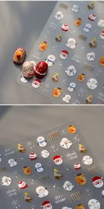 Detail of Christmas nail art stickers featuring snowmen, reindeer, and snowflakes design