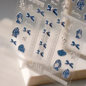 5D embossed nail stickers featuring blue bows, pearls, and lace patterns, model TL-312