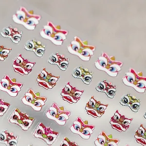 Chinese Lion Dance nail art stickers with frosted glitter finish on a transparent sheet