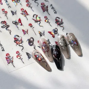 Detail of dark butterfly rose nail stickers with laser effect and metallic relief edges