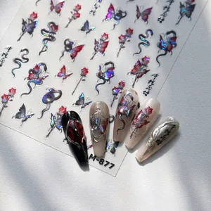Laser Holographic Nail Art Stickers Butterfly Rose Snake Pattern Self Adhesive Calligraphy Decals For Women Manicure DIY Decoration