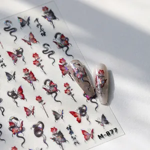 Holographic dark butterfly and red rose nail art stickers M-877 with laser gold finish