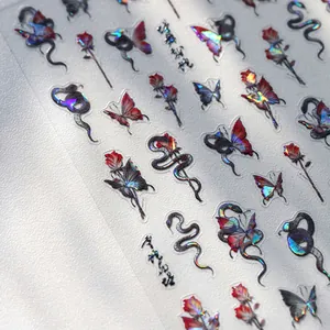 Holographic butterfly and rose nail art stickers with iridescent metallic finish