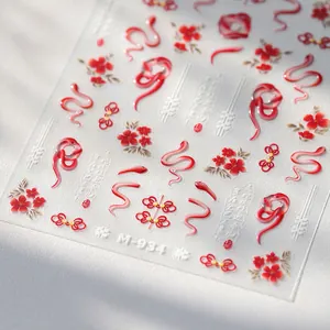 5D Relief Nail Art Stickers Year Of The Snake Chinese Style Red Snake Flower Design Self Adhesive Nail Decals Decoration