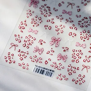5D geprägte Nagelaufkleber TS-4015 mit rosa Leopardenmuster und Glitzerschleifen