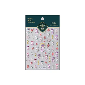 Autocollants nail art 5D en relief avec motifs de chats et fleurs, modèle TS-4017