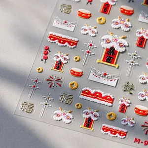 3D embossed Chinese New Year nail art stickers with lion dance and fortune motifs