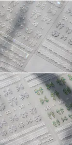 Macro detail van 3D laser strik en kant nagelstickers modellen M-868 en M-850