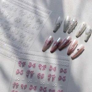 3D Reliëf Vlinder Strik Nagelstickers Laser Kant Ontwerp Zelfklevende Holografische Decals Voor Vrouwen Manicure Decoratie