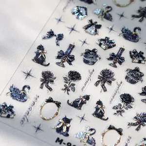 3D embossed nail stickers with dark blue glitter, cat and rose patterns, model M-914
