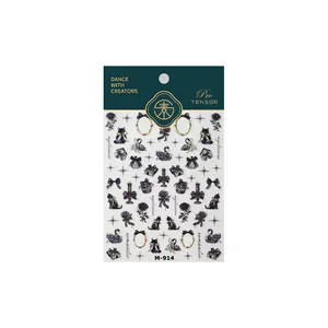 3D dark romantic nail stickers M-914 with black cats roses and glitter accents