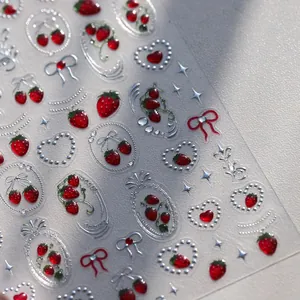 3D embossed strawberry and silver bow nail stickers with realistic fruit designs