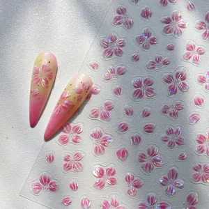 Adesivi per unghie 5D con fiori di ciliegio e motivi floreali iridati con finitura perlata