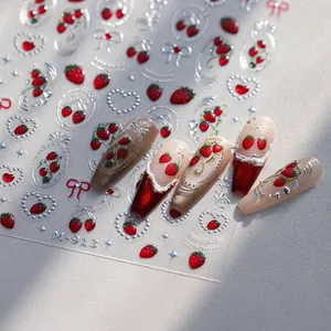 Self-adhesive 3D nail art stickers with red strawberry and silver bow relief patterns