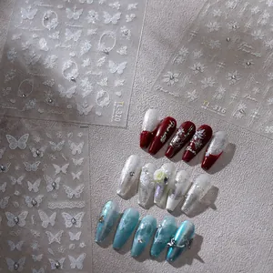 3D Relief White Nail Art Stickers Butterfly Flower Lace Embossed Self Adhesive Nail Decals For Wedding DIY Manicure Decoration