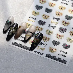 Golden bow and butterfly 3D nail art stickers with metallic glitter and lace edge