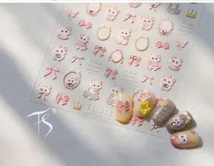 Detail of 5D embossed nail art stickers TL-314 featuring pink cats and gold bows