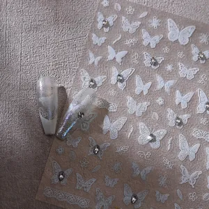 Transparent 3D butterfly and floral nail art stickers with lace patterns and rhinestones