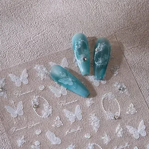 Transparent lace nail stickers with white butterflies, roses and pearl patterns