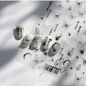 5D embossed nail stickers featuring black ink butterflies and Chinese calligraphy art