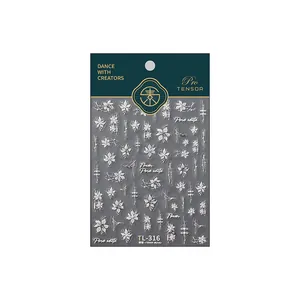 3D white floral embossed nail art stickers with pearl accents on transparent backing