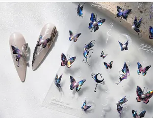 Macro view of 3D aurora laser butterfly nail stickers with holographic shimmer effects