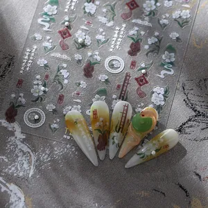 Embossed New Chinese Style Nail Art Stickers Pear Blossoms Chinese Knot Calligraphy Artificial Pearls Adhesive DIY Manicure Decals For Women Decoration